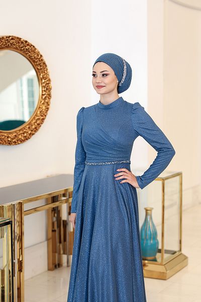 Modarafta Işıl Işıl Plus Size Shiny Fabric Stone Hijab Evening Dress