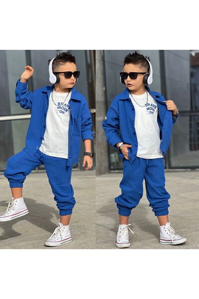 Kuzeyi Butik Boy's Festive Muslin Cloth Shirt Pants T-Shirt 3 Lu Style Takim