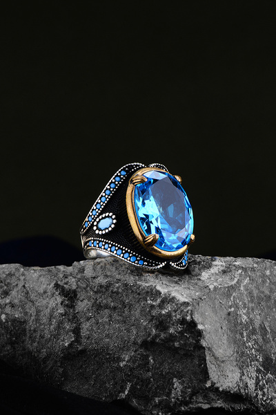 KAR DİAMOND 925 Ayar Gümüş Oval Aqua Mavi Topaz Taşlı Gümüş Padişah Yüzüğü