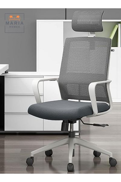 MARIA HOMES Ergonomic Mesh Office Chair with Adjustable Headrest – Grey & White – Comfortable & Durable