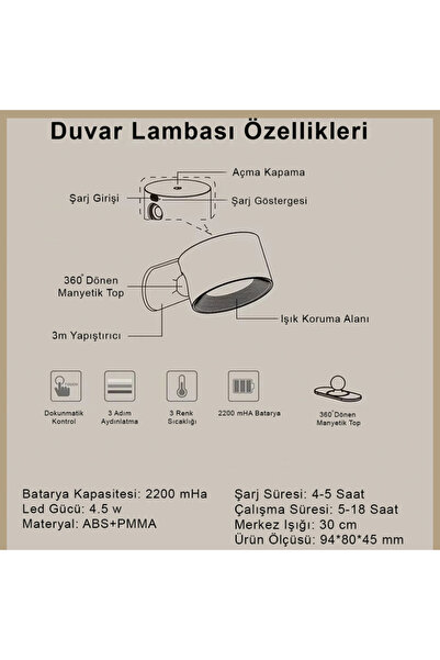 Dream Plus Şarjlı 360° Hareketli Kumandalı ve Dokunmatik 3 Modlu Sarı-Beyaz Işık Aplik Duvar Aydınlatma Lambası