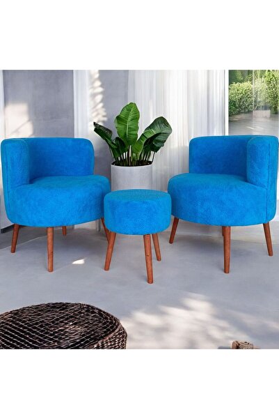 Edam Açık Mavi Çay Seti İkili Koltuk Berjer ve Puf Takımı (Salon, Balkon, Ofi...