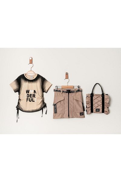 Sealy Wonderful T-Shirt, Striped Belt, Double Pocket Sports Skirt, Girl's Set with Bag