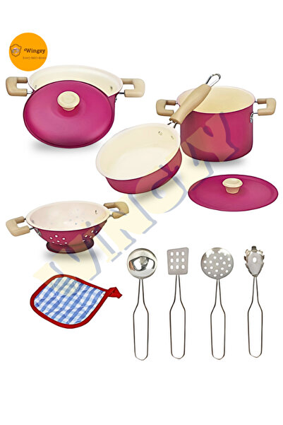 Wingzy 11 Parça Pembe Emaye Oyuncak Mutfak Seti - Çocuklar Için Eğitici Tence...