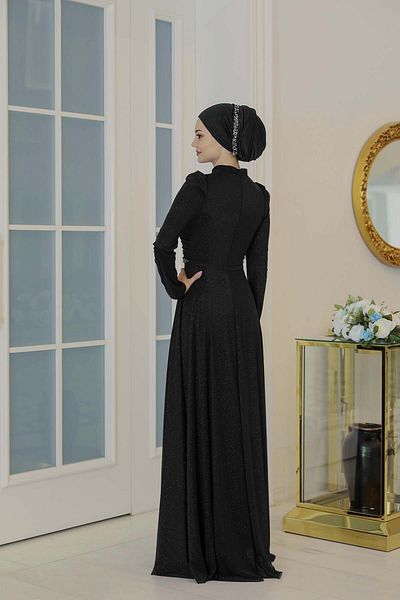 Modarafta Işıl Işıl Plus Size Shiny Fabric Stone Hijab Evening Dress