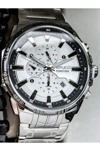 Ferrucci Brand Silver Color Steel Cord White Dial Men's Wristwatch with Calendar Rosary Bracelet