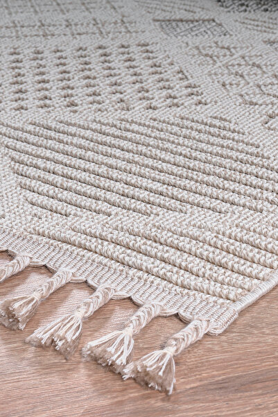 SANRUGS Home & Living Bukleli Modern İskandinav Bej Krem Makine Halısı Yolluk...
