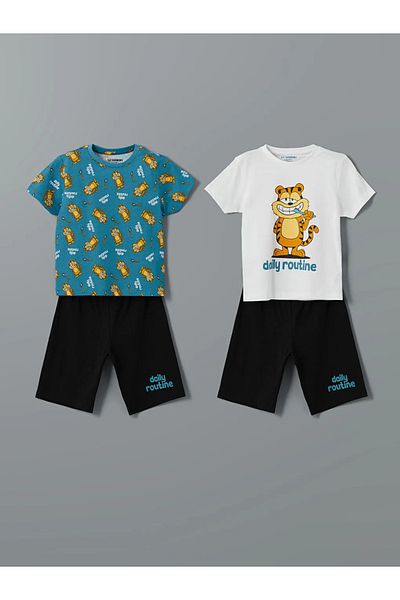 LC Waikiki Lcw Kids White Crew Neck Printed Baby Boy T-Shirt and Shorts Pack of 2