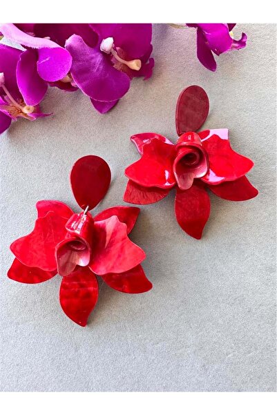 Pelin Aksesuar Kırmızı Pleksi Ekstra Büyük Çiçek Küpe