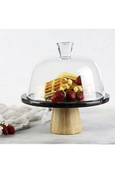 Akayev 25 cm Wide Black Marble Glass Jar - Wooden Conical Legs