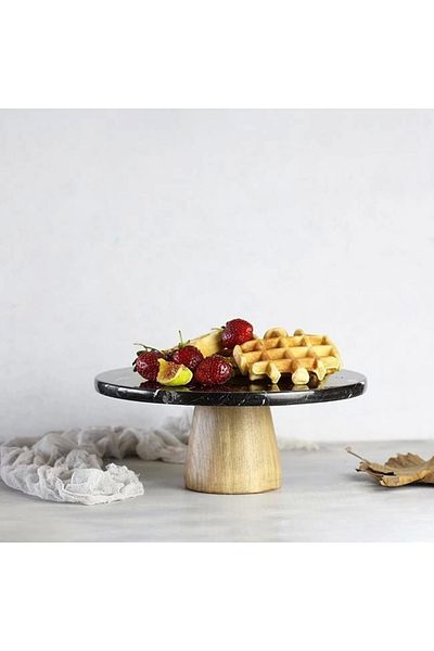 Akayev Marble 25 Cm Black Round Presentation Plate with Conical Wooden Legs