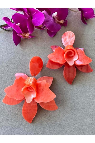 Pelin Aksesuar Orange Plexi Extra Large Flower Earrings