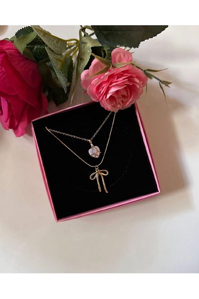 Claritas Takı Women's Steel Cage Heart and Bow Set Necklace Steel 2'Li Necklace