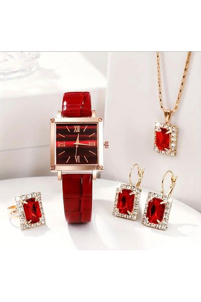 ÖZEL AKSESUARLAR 3D MODELLER Red Color Pu Leather Strap Square Case Quartz Wrist Watch & Rhinestone Jewelry Set