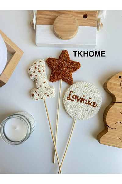 TKhome Punch 3-Piece Number, Name and Star Embroidered Cake Ornament Cake Decor - Birthday Ornament
