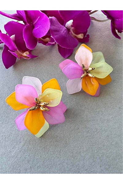 Pelin Aksesuar Orange Pink Yellow Flower Earrings