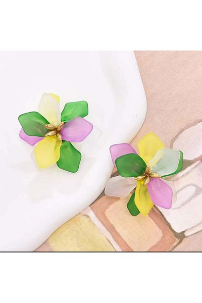 Pelin Aksesuar Green Yellow Pink Flower Earrings