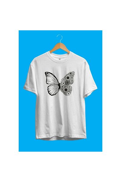 Frisson Oversize Black and White Butterfly Art Drawing Flower Design Printed T-Shirt