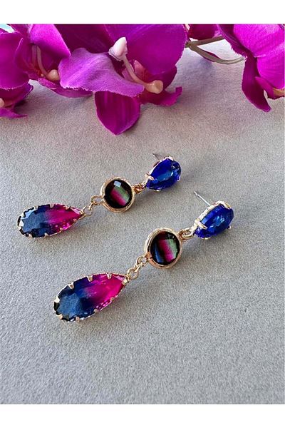 Pelin Aksesuar Navy Blue Glass Crystal Drop Earrings