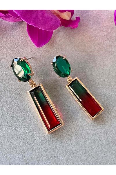 Pelin Aksesuar Green Red Glass Crystal Stone Earrings