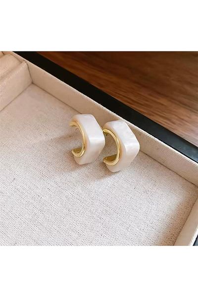 Pelin Aksesuar Cream Bone Stone Cornered Hoop Earrings