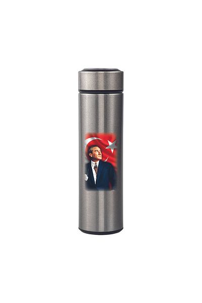 DKDZ SHOP Ataturk Printed Steel Silver Thermos with Indicator 450ml.-005