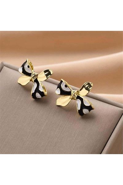 Pelin Aksesuar Black and White Patterned Bow Earrings