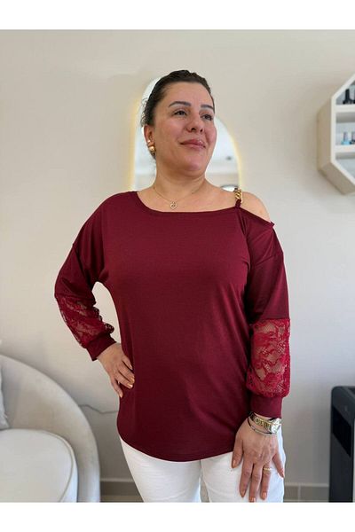garajmood Plus Size Blouse with Burgundy Shoulder Chain and Sleeve Lace Detail