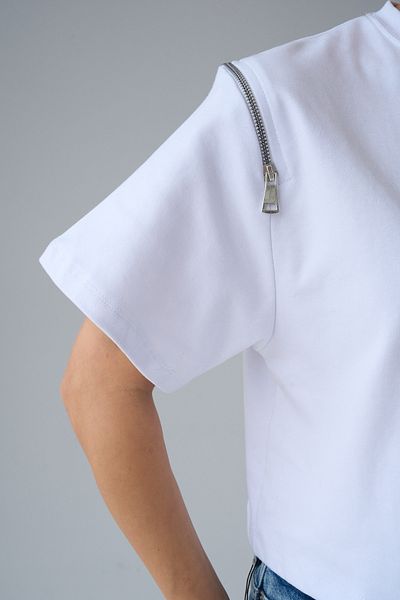 LOOSH Tricou de bază cu mâneci cu gât alb pentru femei, cu fermoar