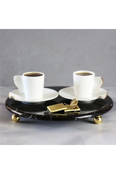 Akayev Marble 28 Cm Black Round Presentation Plate with Gold Bead Legs