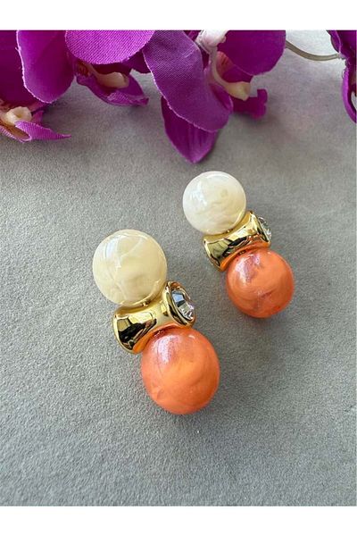 Pelin Aksesuar Orange Cream Circle Stone Earrings