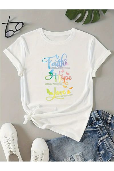 Frisson Unisex Faith Hope Love Printed Crew Neck Oversize T-Shirt