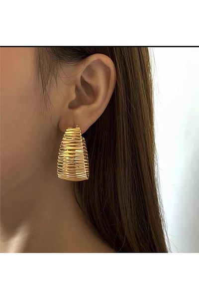 Pelin Aksesuar Gold Large Striped Hoop Earrings