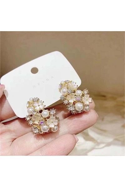Pelin Aksesuar Gold Stone Pearl Flower Hoop Earrings