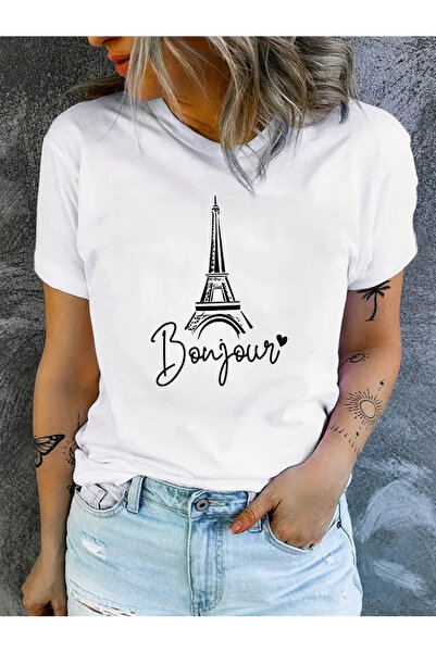 Nebulaa Tekstil تي شيرت كبير الحجم برقبة دائرية مطبوع عليه صورة Bonjour للجنسين