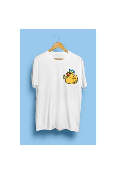 Frisson Cute Yellow Duck Wearing Glasses Drinking Holiday Pocket Themed Design Printed Unisex T-Shirt