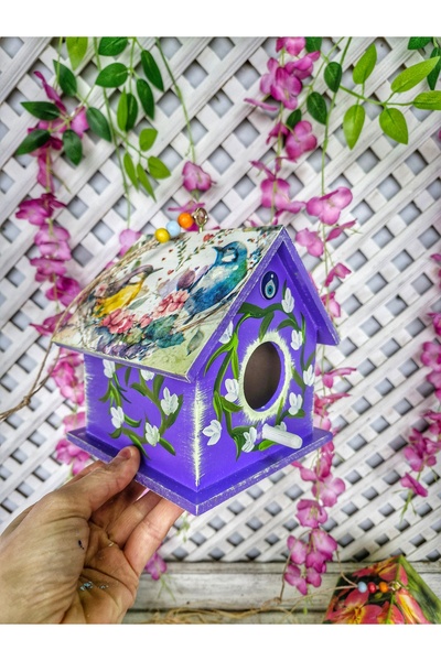 Home Dekoratif Ahşap Kuş Yuvası, Mor,16×16×16 Cm,bahçe Balkon Dekorasyonu