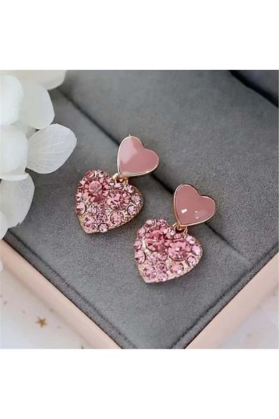 Pelin Aksesuar Pink Stone Heart Earrings