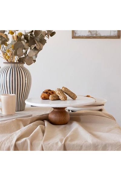 Akayev Marble 25 Cm White Round Presentation Plate with Wooden Legs