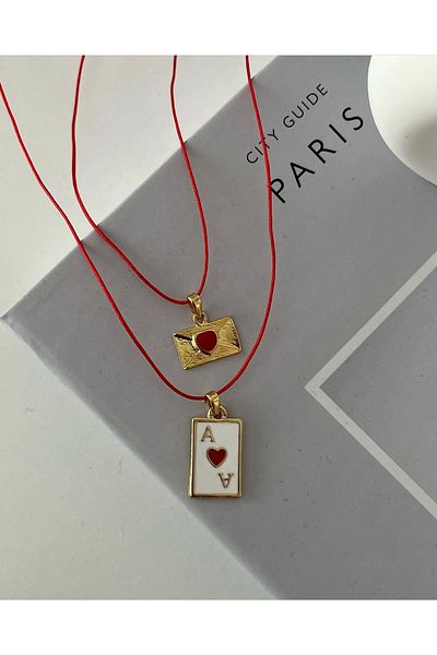 Claritas Takı Red Luck Drawstring Cup Ace and Red Heart Letter Necklace Set of 2