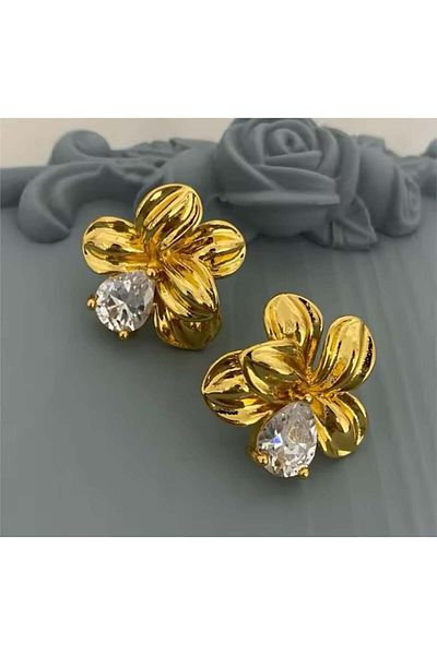 Pelin Aksesuar Gold Jewelled Flower Earrings