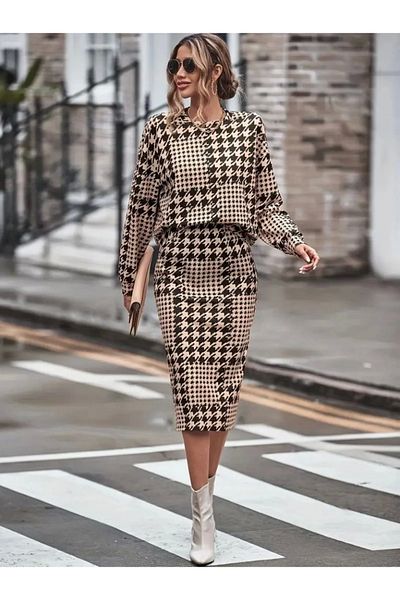 MODA بدلة نسائية بأكمام طويلة ورقبة دائرية، بلوزة مبطنة للغوص وتنورة ميدي بفتحة
