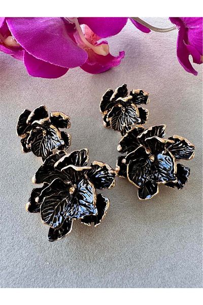 Pelin Aksesuar Black Layered Double Flower Earrings