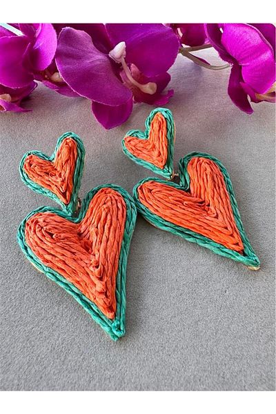 Pelin Aksesuar Orange Green Heart Rope Design Earrings
