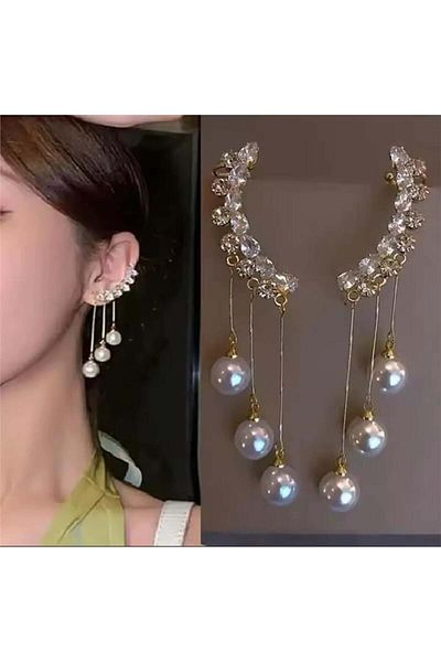 Pelin Aksesuar Gold Pearl Dangle Crystal Earrings