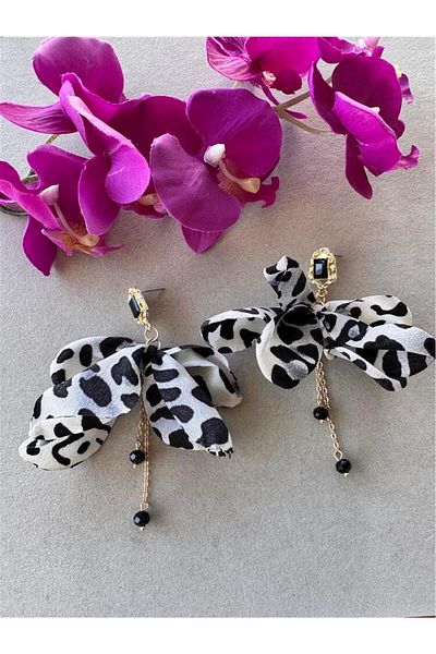 Pelin Aksesuar Black and White Animal Pattern Dangle Fabric Bow Earrings