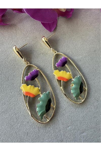 Pelin Aksesuar Yellow Purple Flower Oval Earrings