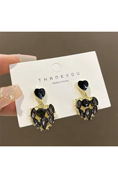 Pelin Aksesuar Siyah Taşlı Kalp Küpe