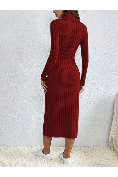 Amara Boutique Rochie de damă cu mânecă lungă, cu gât țesut, cu nasturi, cu șold (fără centură)
