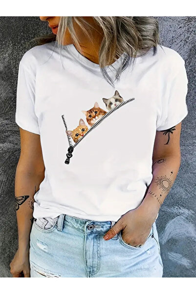 HOFFNUNG تي شيرت كبير الحجم مطبوع عليه قطة للجنسين